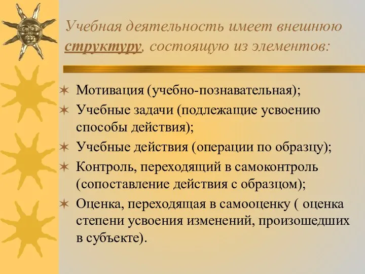 Учебная деятельность имеет внешнюю структуру, состоящую из элементов: Мотивация (учебно-познавательная); Учебные