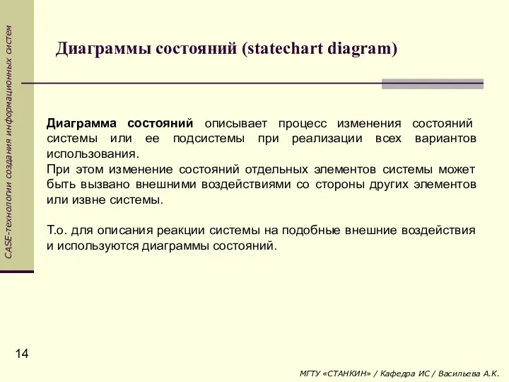 Диаграммы состояний (statechart diagram) Диаграмма состояний описывает процесс изменения состояний системы