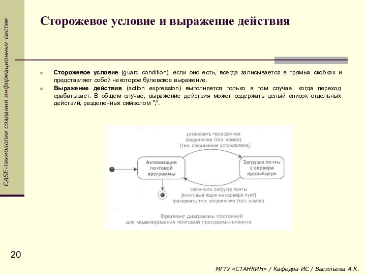 Сторожевое условие и выражение действия Сторожевое условие (guard condition), если оно