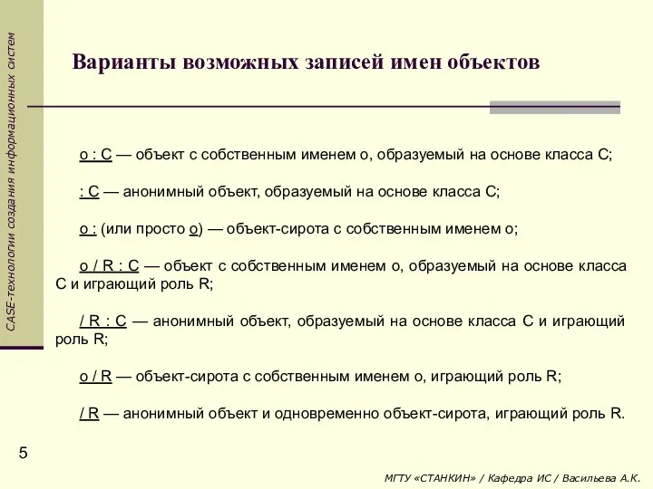 Варианты возможных записей имен объектов о : С — объект с