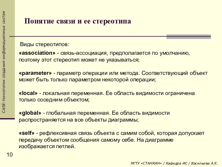 Понятие связи и ее стереотипа «association» - связь-ассоциация, предполагается по умолчанию,