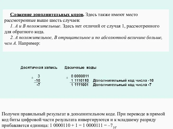 Сложение дополнительных кодов. Здесь также имеют место рассмотренные выше шесть случаев: