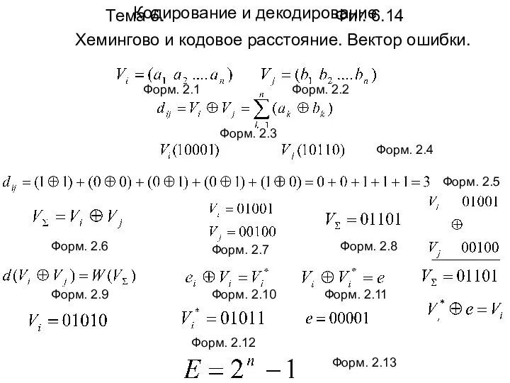 Тема 6. Фиг. 6.14 Хемингово и кодовое расстояние. Вектор ошибки. Кодирование