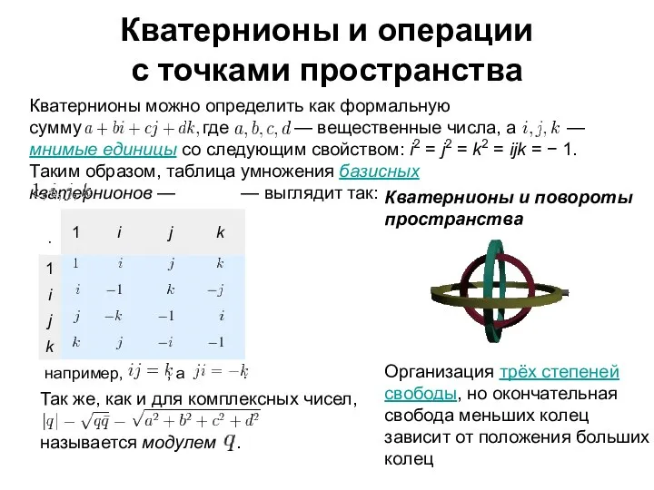 Кватернионы и операции с точками пространства Кватернионы можно определить как формальную