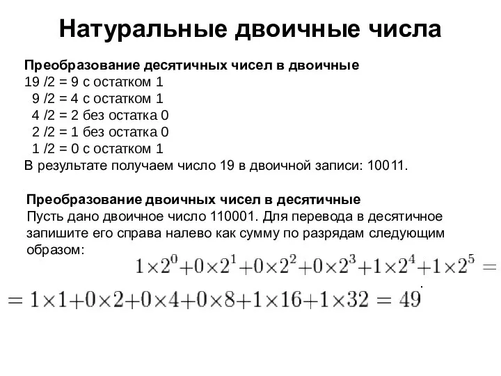 Натуральные двоичные числа Преобразование десятичных чисел в двоичные 19 /2 =