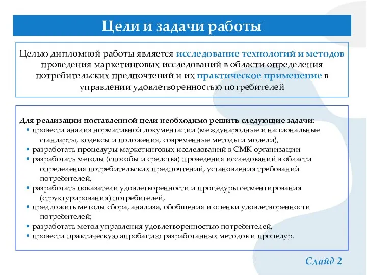 Целью дипломной работы является исследование технологий и методов проведения маркетинговых исследований