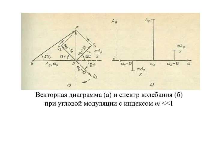 Векторная диаграмма (а) и спектр колебания (б) при угловой модуляции с индексом m