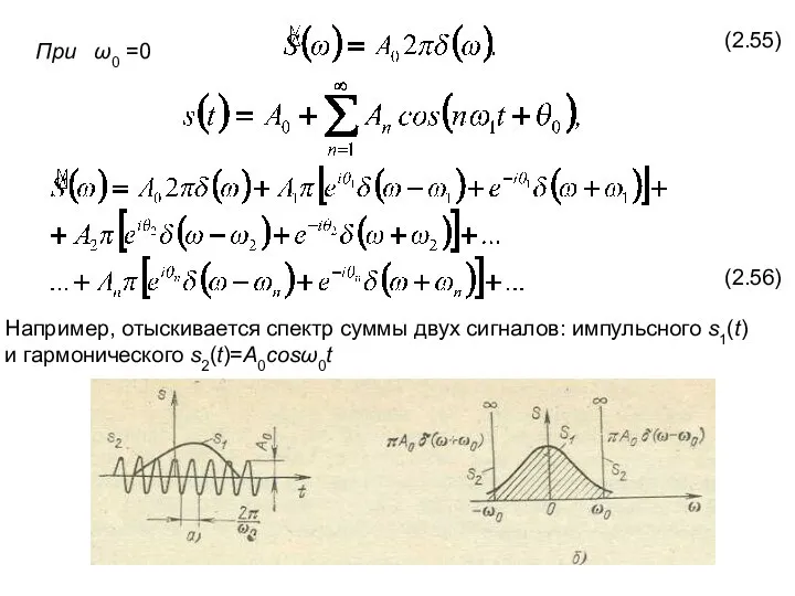 При ω0 =0 (2.55) (2.56) Например, отыскивается спектр суммы двух сигналов: импульсного s1(t) и гармонического s2(t)=A0cosω0t