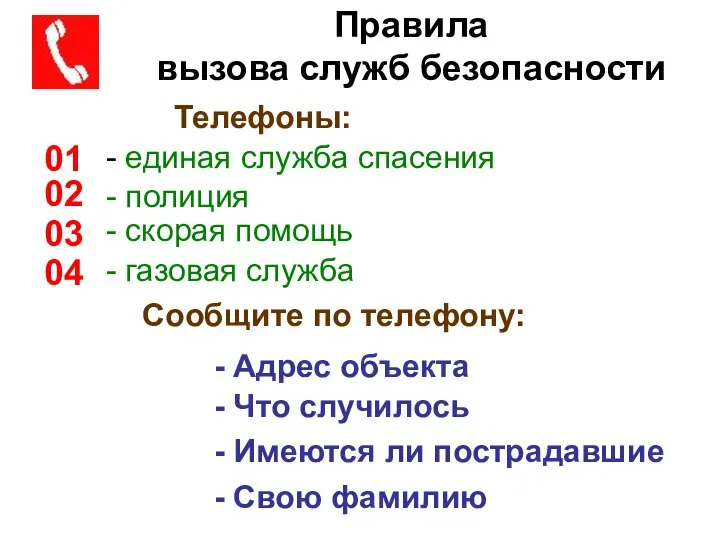 Правила вызова служб безопасности Телефоны: - единая служба спасения 01 -