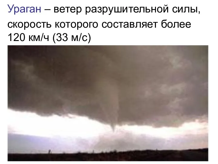 Ураган – ветер разрушительной силы, скорость которого составляет более 120 км/ч (33 м/с)