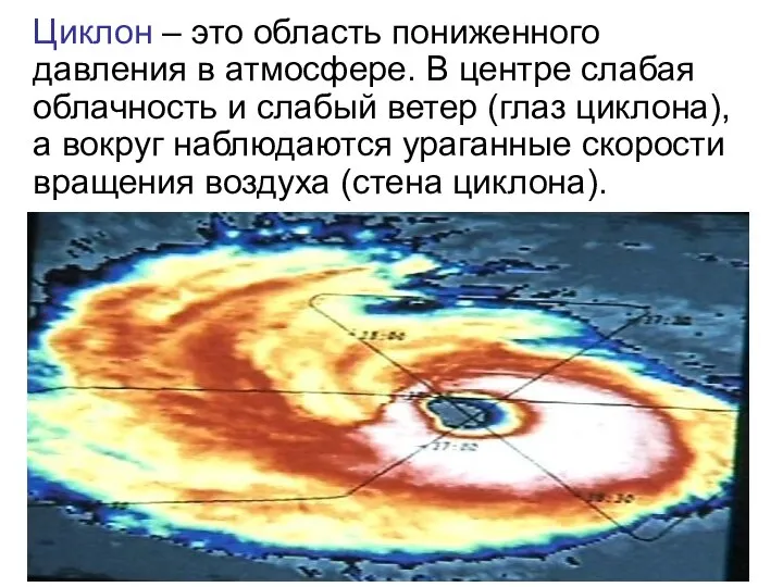 Циклон – это область пониженного давления в атмосфере. В центре слабая