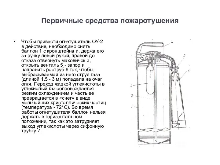 Первичные средства пожаротушения Чтобы привести огнетушитель ОУ-2 в действие, необходимо снять