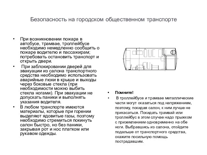 Безопасность на городском общественном транспорте При возникновении пожара в автобусе, трамвае,