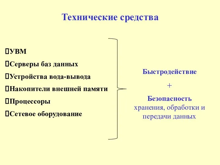 Технические средства УВМ Серверы баз данных Устройства вода-вывода Накопители внешней памяти