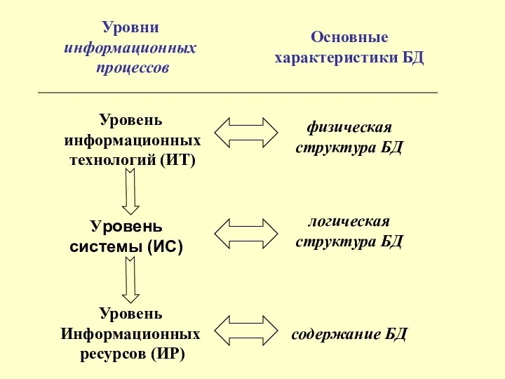 Уровни информационных процессов физическая структура БД Основные характеристики БД Уровень информационных