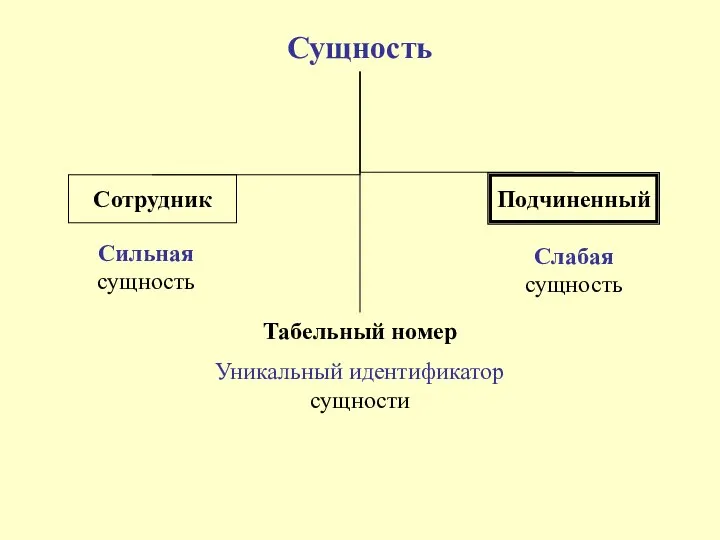 Сущность Сотрудник Сильная сущность Подчиненный Слабая сущность Табельный номер Уникальный идентификатор сущности