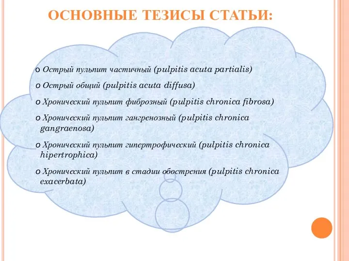 ОСНОВНЫЕ ТЕЗИСЫ СТАТЬИ: Острый пульпит частичный (pulpitis acuta partialis) Острый общий