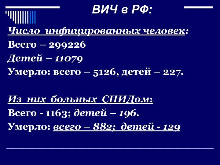 ВИЧ в РФ: Число инфицированных человек: Всего – 299226 Детей –