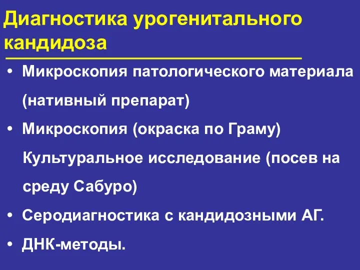 Диагностика урогенитального кандидоза Микроскопия патологического материала (нативный препарат) Микроскопия (окраска по