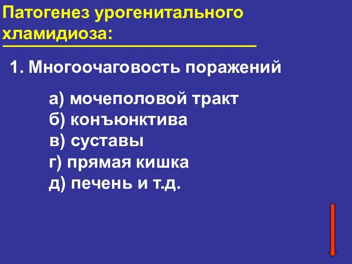 Патогенез урогенитального хламидиоза: Многоочаговость поражений а) мочеполовой тракт б) конъюнктива в)