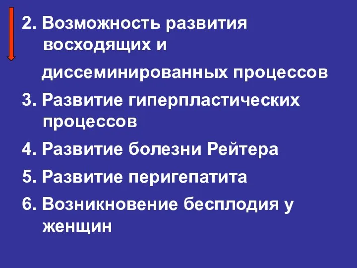 2. Возможность развития восходящих и диссеминированных процессов 3. Развитие гиперпластических процессов