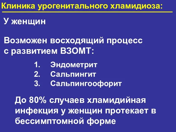 Клиника урогенитального хламидиоза: У женщин Возможен восходящий процесс с развитием ВЗОМТ: