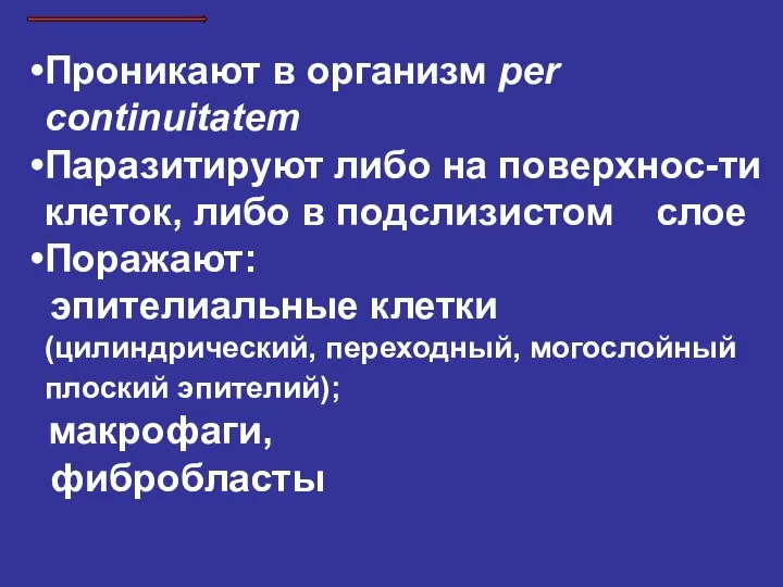 Проникают в организм per continuitatem Паразитируют либо на поверхнос-ти клеток, либо