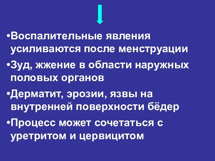 Воспалительные явления усиливаются после менструации Зуд, жжение в области наружных половых