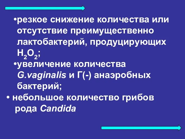 резкое снижение количества или отсутствие преимущественно лактобактерий, продуцирующих Н2О2; увеличение количества