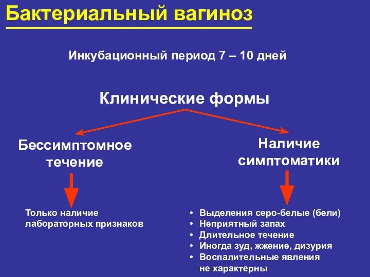 Бактериальный вагиноз Инкубационный период 7 – 10 дней Клинические формы Бессимптомное