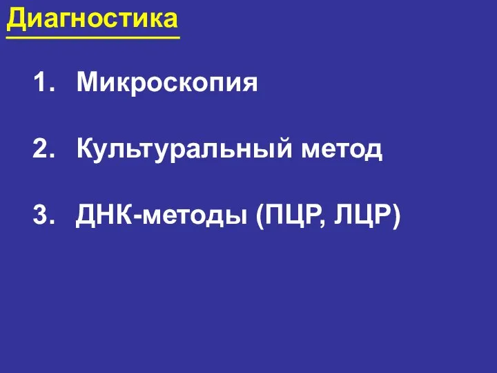 Диагностика Микроскопия Культуральный метод ДНК-методы (ПЦР, ЛЦР)