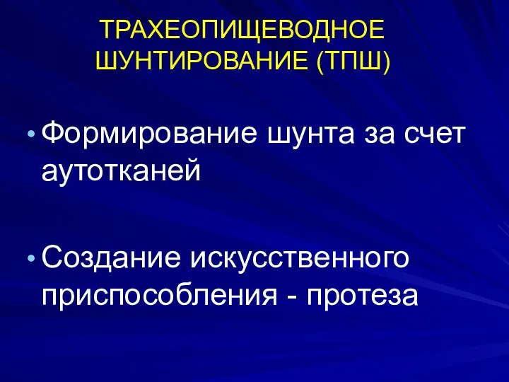 ТРАХЕОПИЩЕВОДНОЕ ШУНТИРОВАНИЕ (ТПШ) Формирование шунта за счет аутотканей Создание искусственного приспособления - протеза