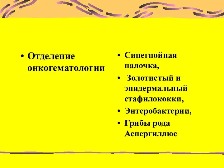 Отделение онкогематологии Синегнойная палочка, Золотистый и эпидермальный стафилококки, Энтеробактерии, Грибы рода Аспергиллюс