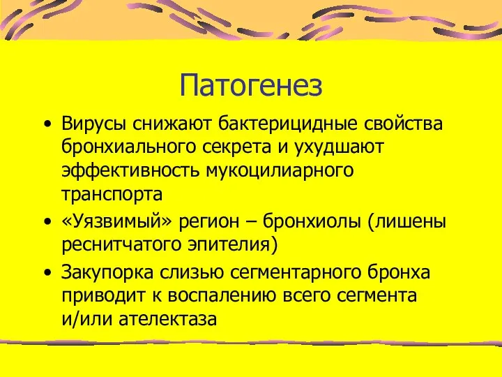 Патогенез Вирусы снижают бактерицидные свойства бронхиального секрета и ухудшают эффективность мукоцилиарного