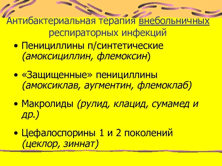 Антибактериальная терапия внебольничных респираторных инфекций Пенициллины п/синтетические (амоксициллин, флемоксин) «Защищенные» пенициллины