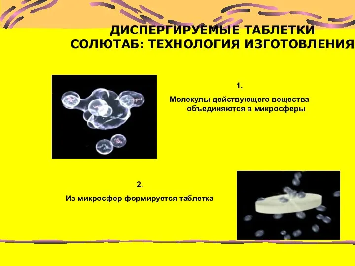 1. Молекулы действующего вещества объединяются в микросферы 2. Из микросфер формируется