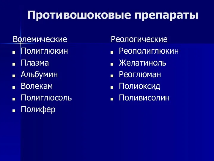 Противошоковые препараты Волемические Полиглюкин Плазма Альбумин Волекам Полиглюсоль Полифер Реологические Реополиглюкин Желатиноль Реоглюман Полиоксид Поливисолин