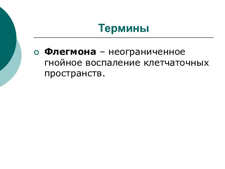 Термины Флегмона – неограниченное гнойное воспаление клетчаточных пространств.