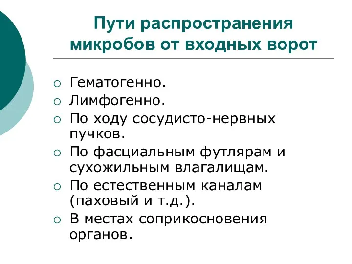 Пути распространения микробов от входных ворот Гематогенно. Лимфогенно. По ходу сосудисто-нервных