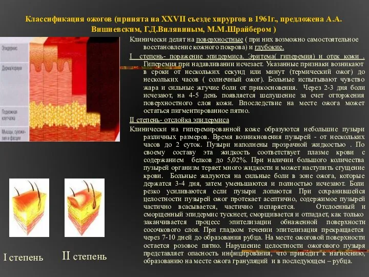 Классификация ожогов (принята на XXVII съезде хирургов в 1961г., предложена А.А.Вишневским,