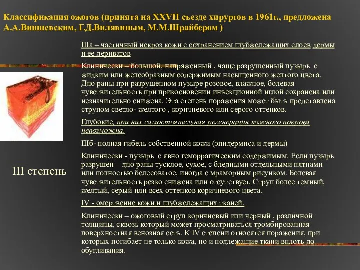 Классификация ожогов (принята на XXVII съезде хирургов в 1961г., предложена А.А.Вишневским,