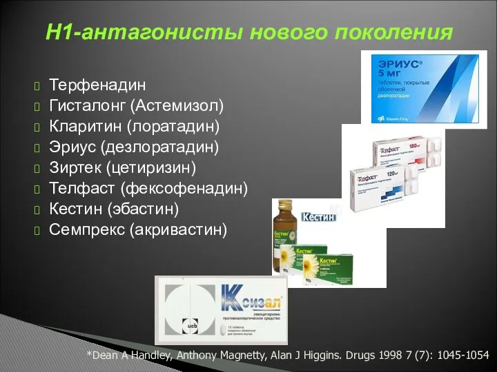 Терфенадин Гисталонг (Астемизол) Кларитин (лоратадин) Эриус (дезлоратадин) Зиртек (цетиризин) Телфаст (фексофенадин)