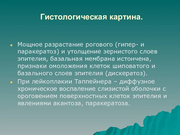 Гистологическая картина. Мощное разрастание рогового (гипер- и паракератоз) и утолщение зернистого