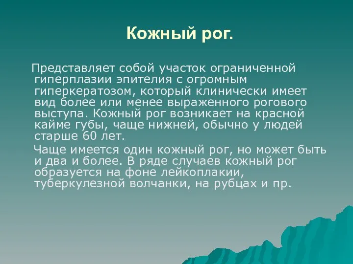 Кожный рог. Представляет собой участок ограниченной гиперплазии эпителия с огромным гиперкератозом,