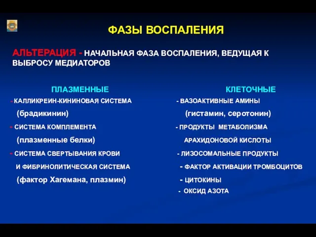 ФАЗЫ ВОСПАЛЕНИЯ АЛЬТЕРАЦИЯ - НАЧАЛЬНАЯ ФАЗА ВОСПАЛЕНИЯ, ВЕДУЩАЯ К ВЫБРОСУ МЕДИАТОРОВ