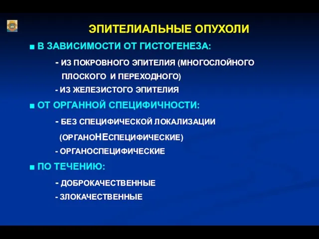 ЭПИТЕЛИАЛЬНЫЕ ОПУХОЛИ ■ В ЗАВИСИМОСТИ ОТ ГИСТОГЕНЕЗА: - ИЗ ПОКРОВНОГО ЭПИТЕЛИЯ