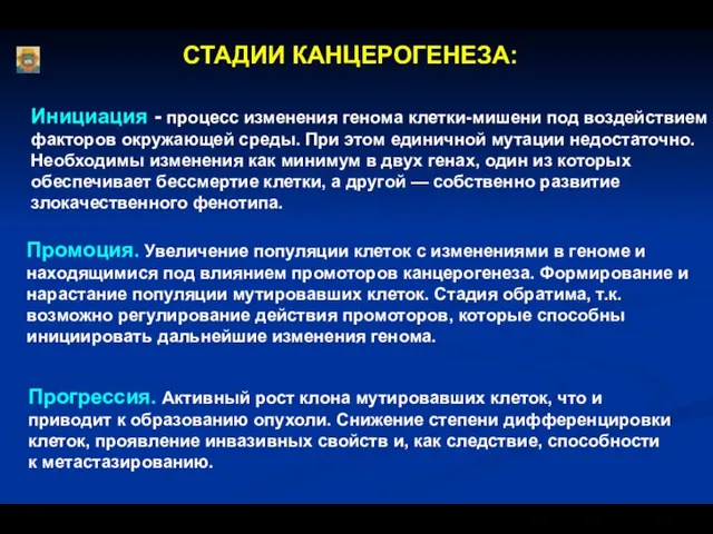 СТАДИИ КАНЦЕРОГЕНЕЗА: Инициация - процесс изменения генома клетки-мишени под воздействием факторов