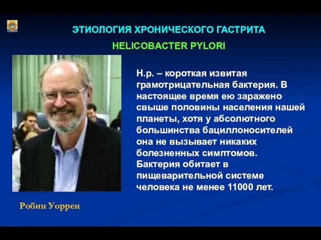 ЭТИОЛОГИЯ ХРОНИЧЕСКОГО ГАСТРИТА HELICOBACTER PYLORI Н.р. – короткая извитая грамотрицательная бактерия.