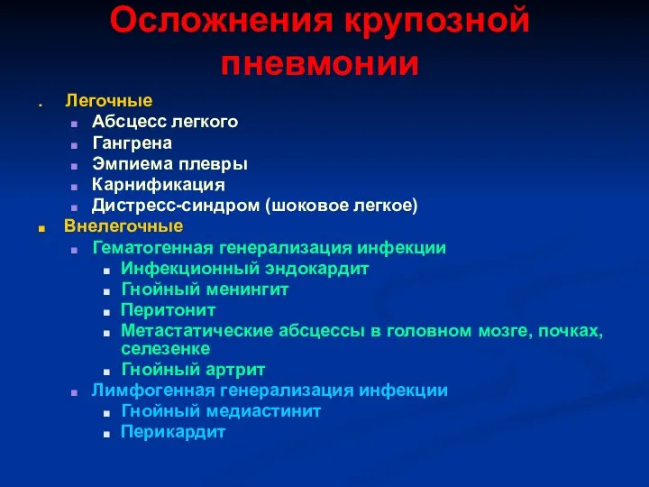 Осложнения крупозной пневмонии Легочные Абсцесс легкого Гангрена Эмпиема плевры Карнификация Дистресс-синдром