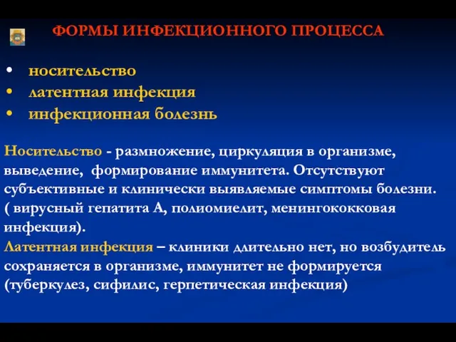 ФОРМЫ ИНФЕКЦИОННОГО ПРОЦЕССА носительство латентная инфекция инфекционная болезнь Носительство - размножение,